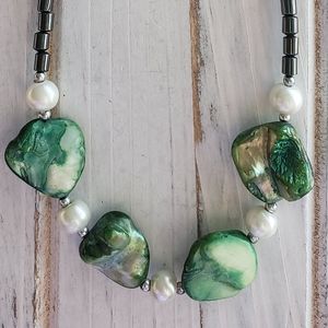Beautiful boho necklace. Hematite, faux pearls, shells. Boho,chic.